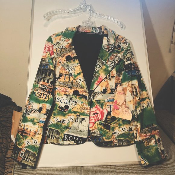 Women Vintage French Postcard print Jacket NWT Size M-L - Picture 3 of 11